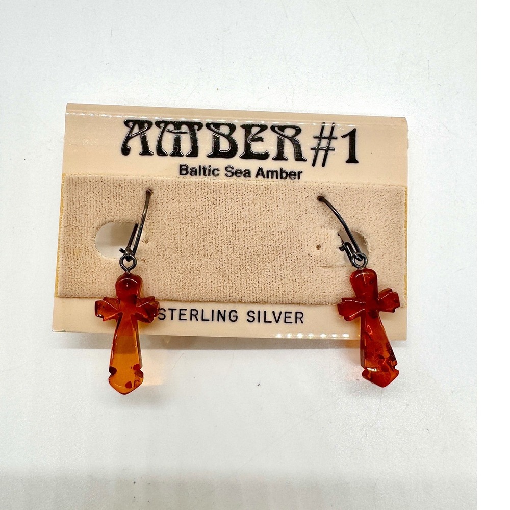 Amber #1 Baltic Sea Amber Cross Earrings Sterling Silver Honey Dangle New